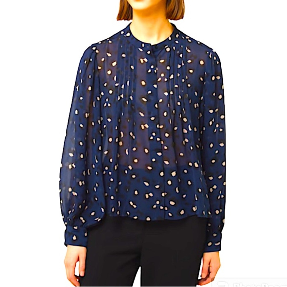 MANGO Polka Dot Printed  Blue Bottom Down LongSleeve Blouse Size L
